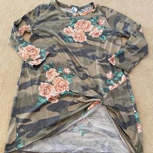 Camo and Floral Print Twist Front Top